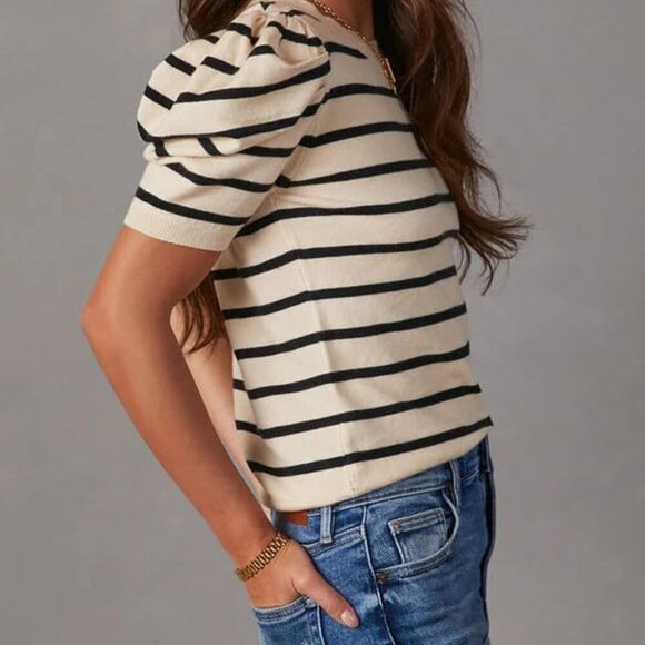 Women's Short Puff Sleeve Knit Tops 2025 Trendy Crewneck Striped T Shirts Casual - Picture 5 of 6